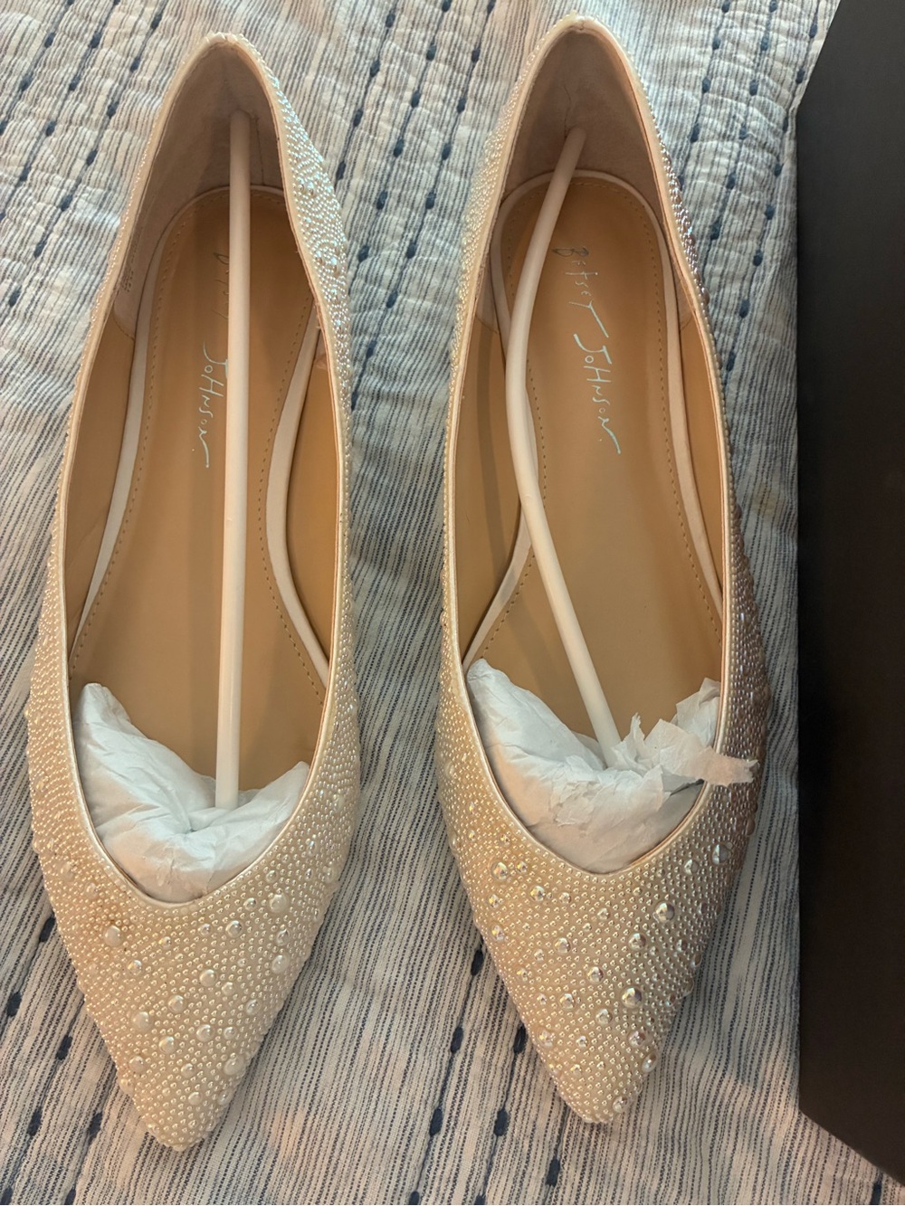 Betsey Johnson Champagne Pearl & Crystal Pointed Toe Flats
